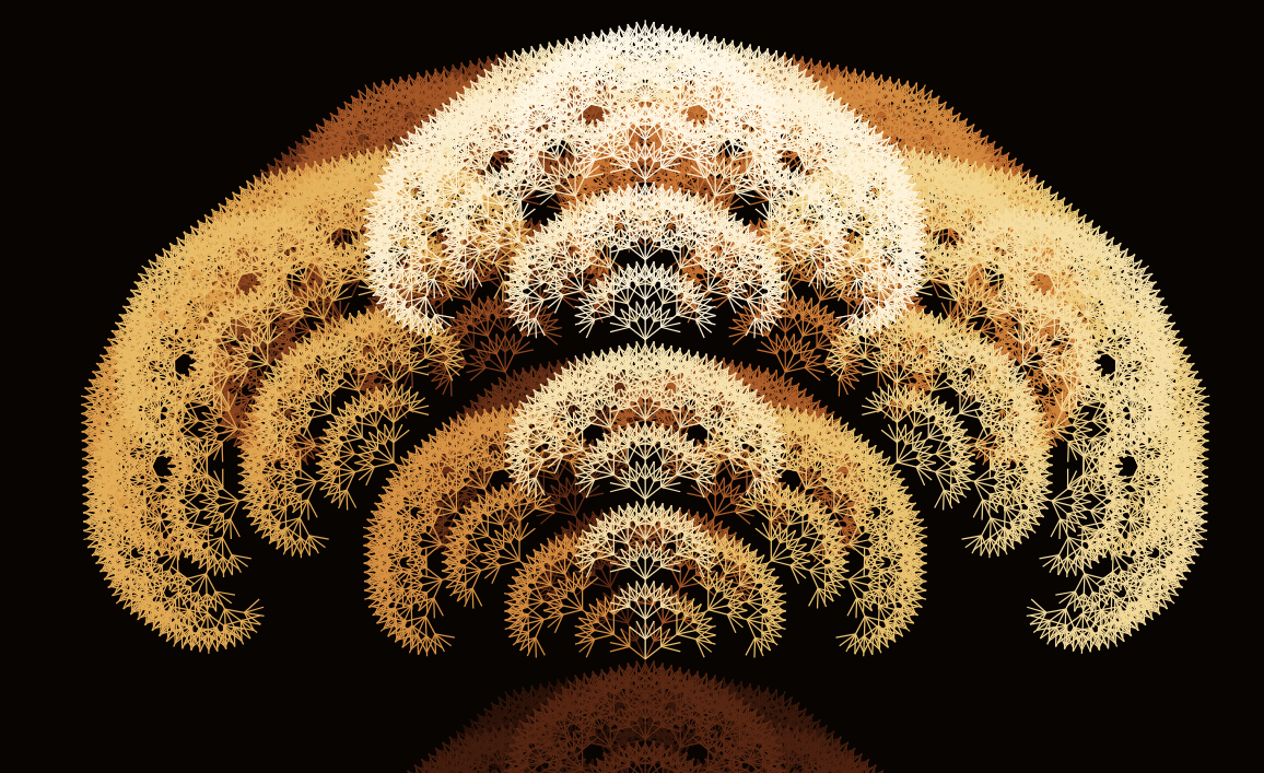 A symmetric fan-shaped L-system tree in gold on black