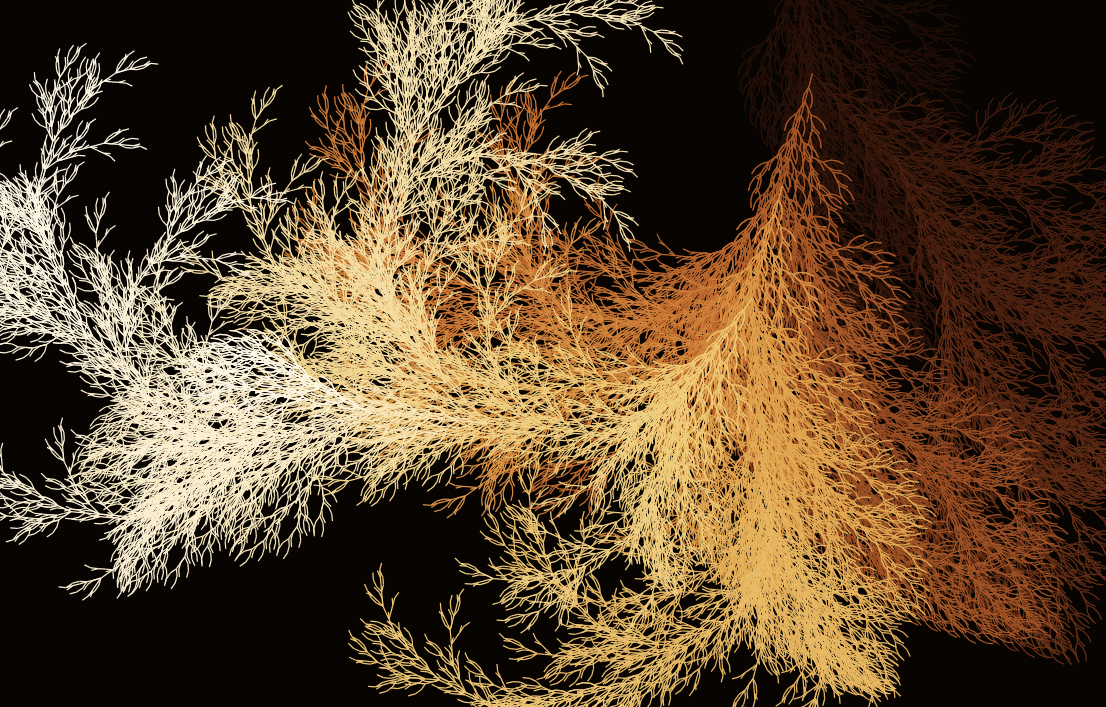 A dense branching L-system in gold, white and copper on black